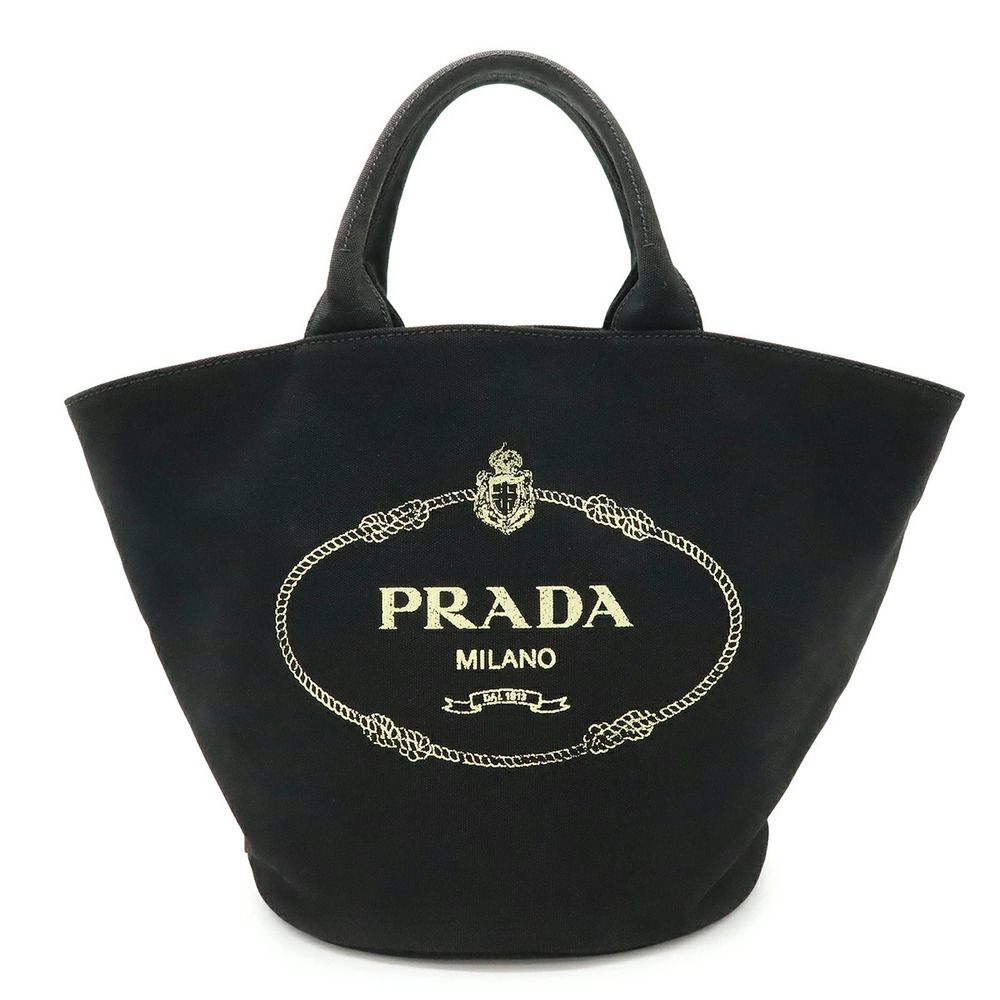 Prada Canapa Tote Bag Handbag Canvas Leather Black Pouch Clutch Shoulder Strap